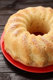 Photo of Delicious freshly baked sponge cake on table, closeup