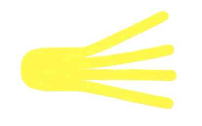 Yellow kinesio tape piece on white background, top view