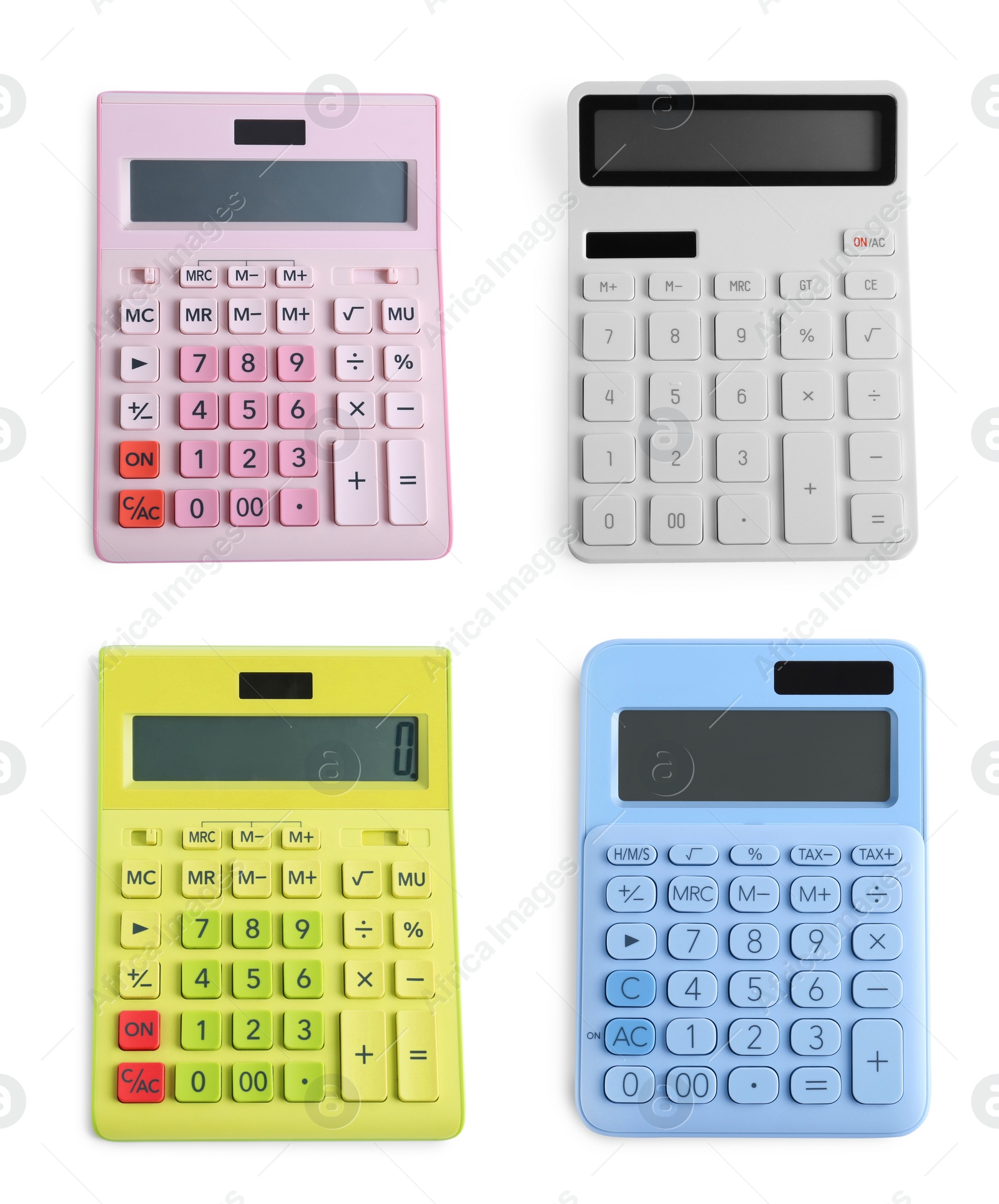 Image of Set with different calculators on white background, top view