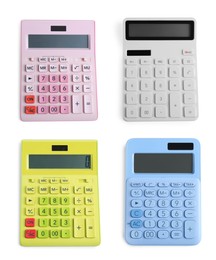 Image of Set with different calculators on white background, top view