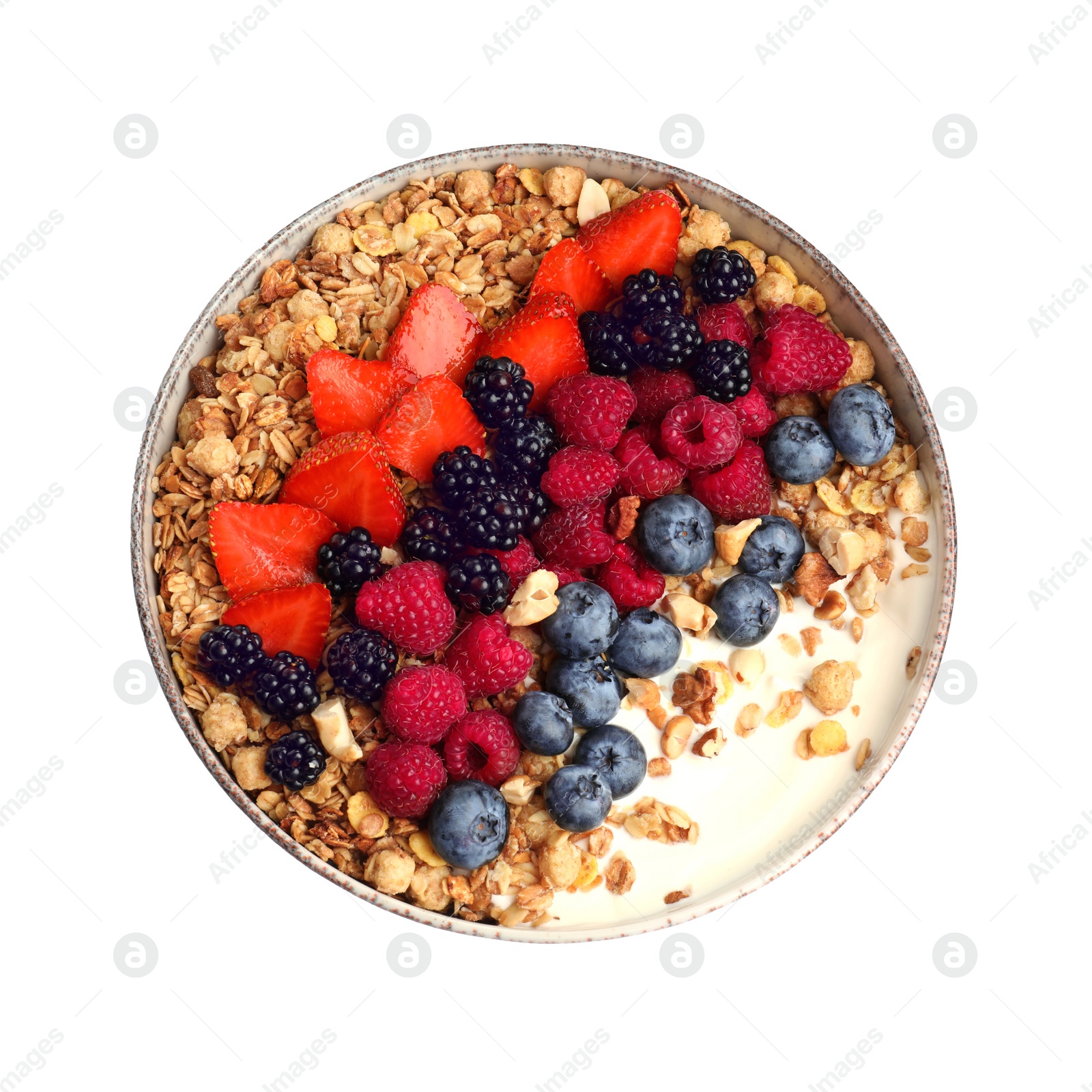 Photo of Bowl of healthy muesli with yogurt and berries isolated on white, top view