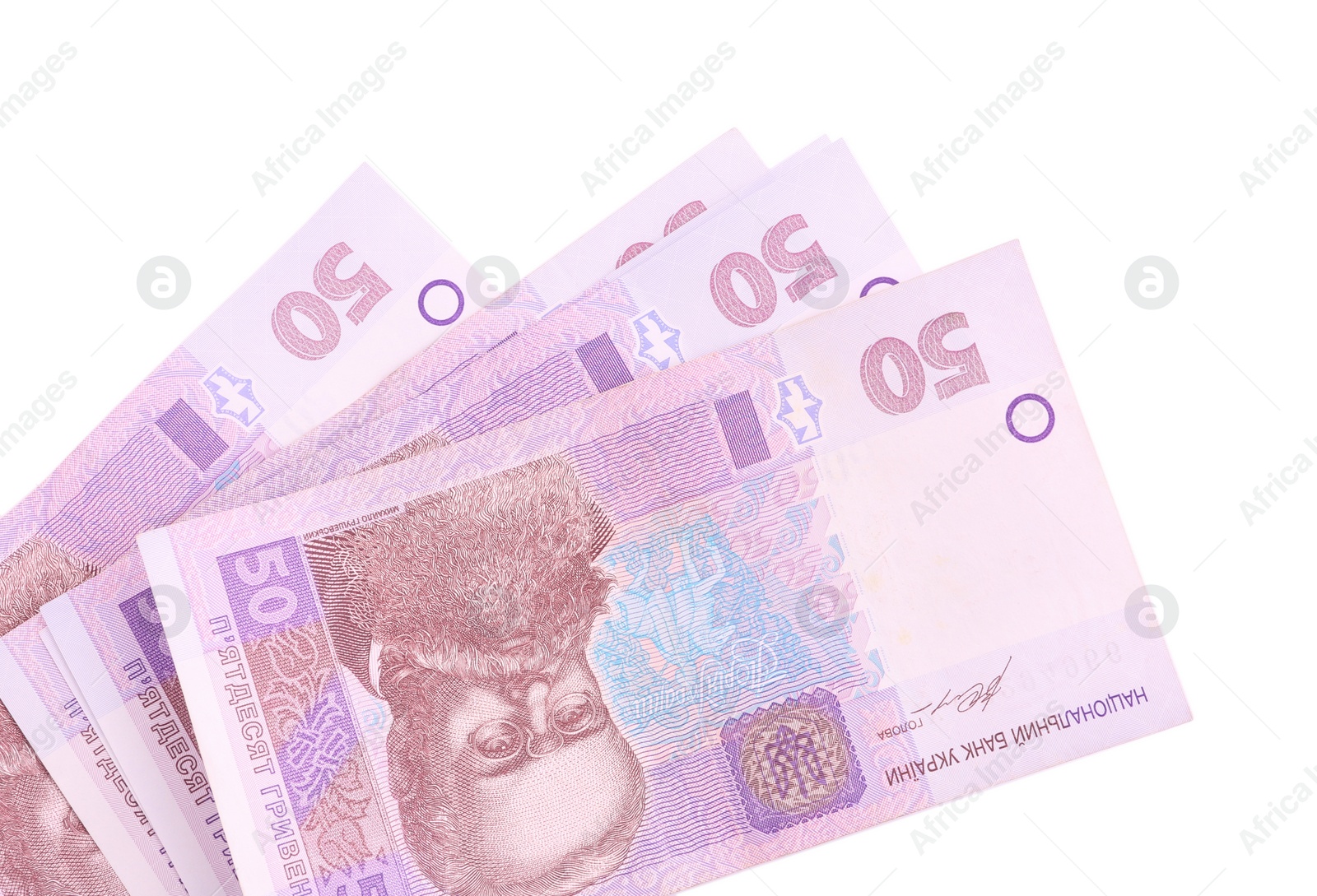 Photo of 50 Ukrainian Hryvnia banknotes on white background, top view