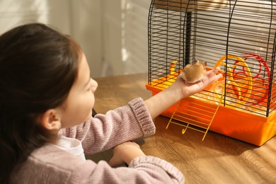 Photo of Little girl putting her hamster in cage at home