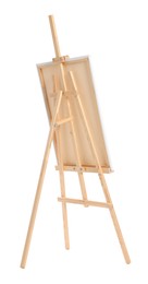 Photo of Wooden easel with canvas isolated on white