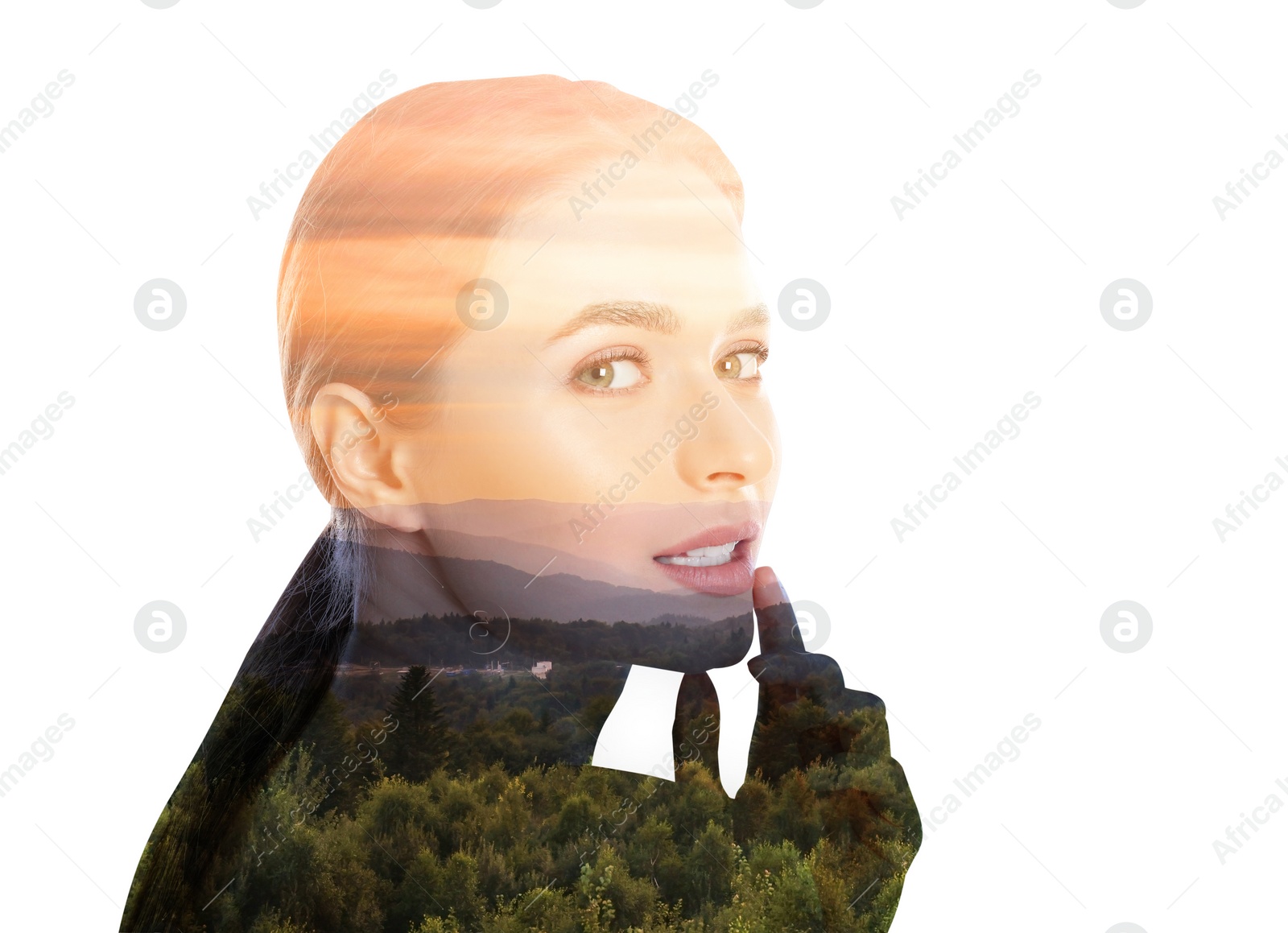 Image of Double exposure of beautiful woman and forest in mountains