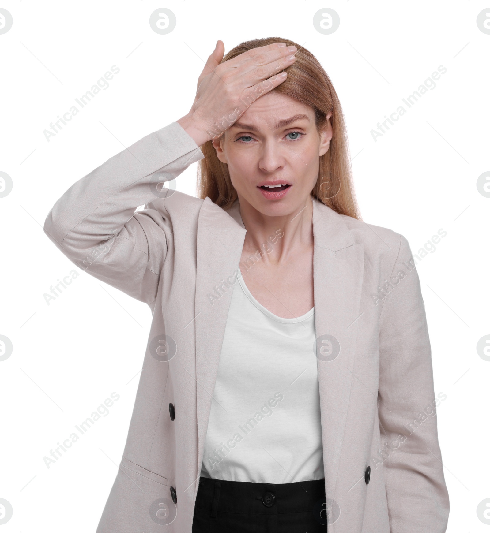 Photo of Beautiful emotional businesswoman posing on white background