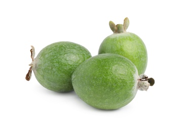 Fresh ripe feijoa fruits on white background