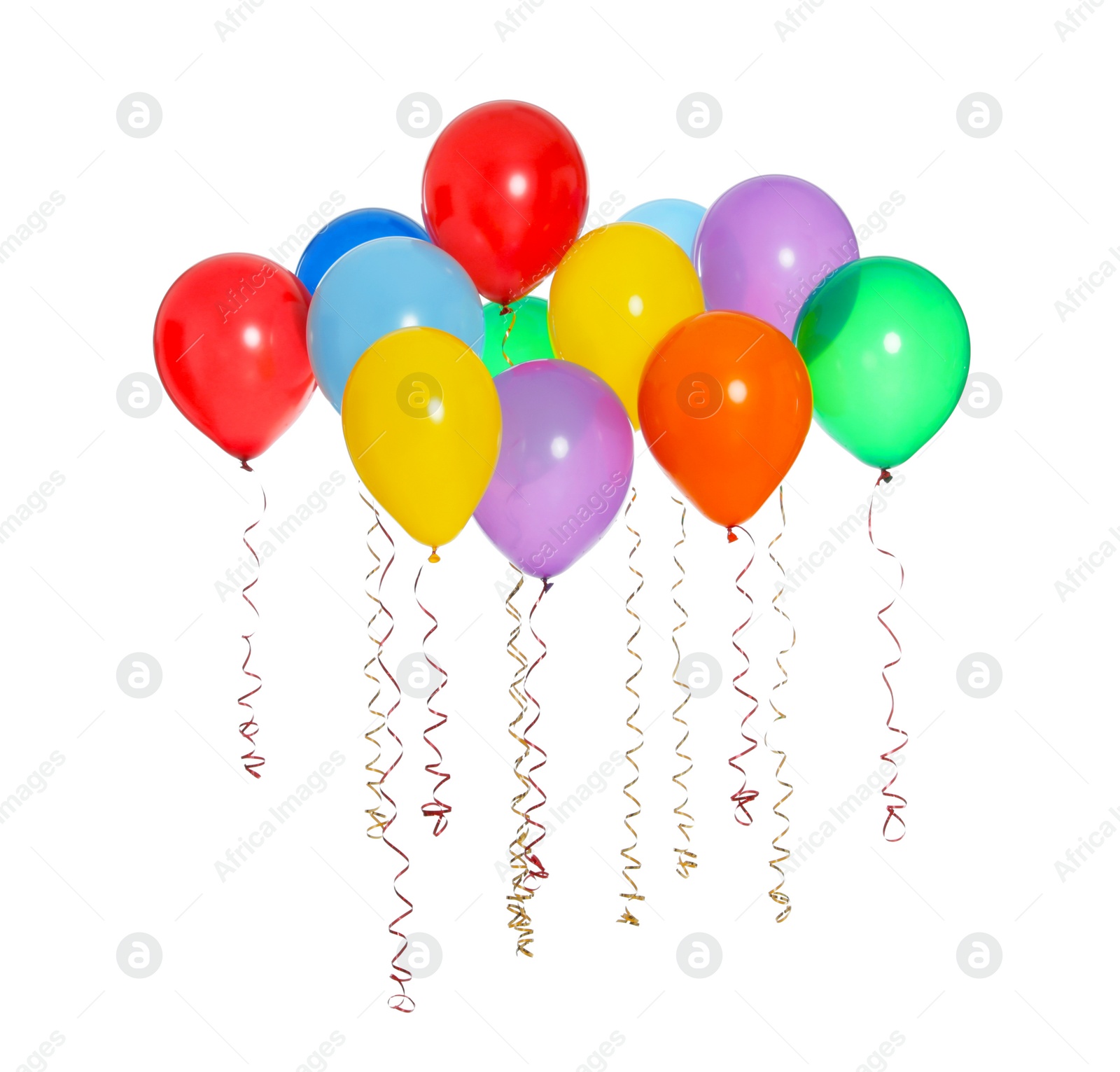 Photo of Many colorful balloons floating on white background