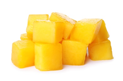 Photo of Fresh juicy mango cubes on white background