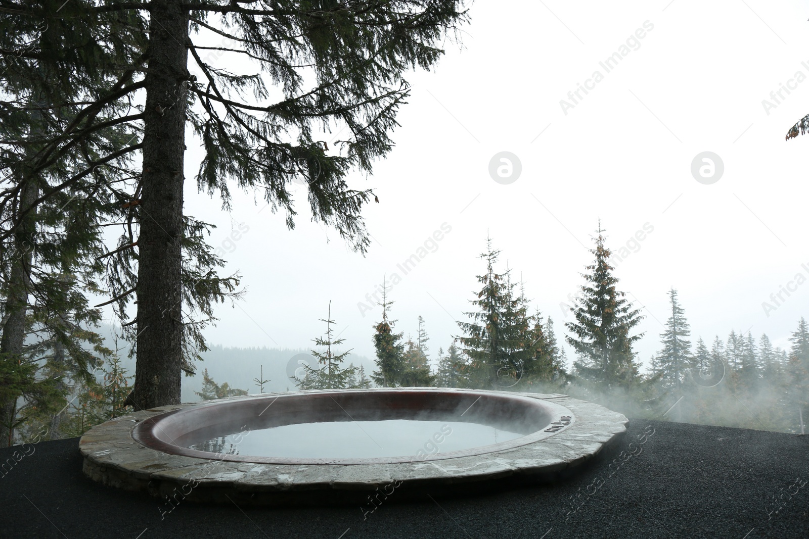 Photo of Hot tub with beautiful view on coniferous forest on winter day