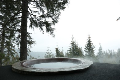 Photo of Hot tub with beautiful view on coniferous forest on winter day