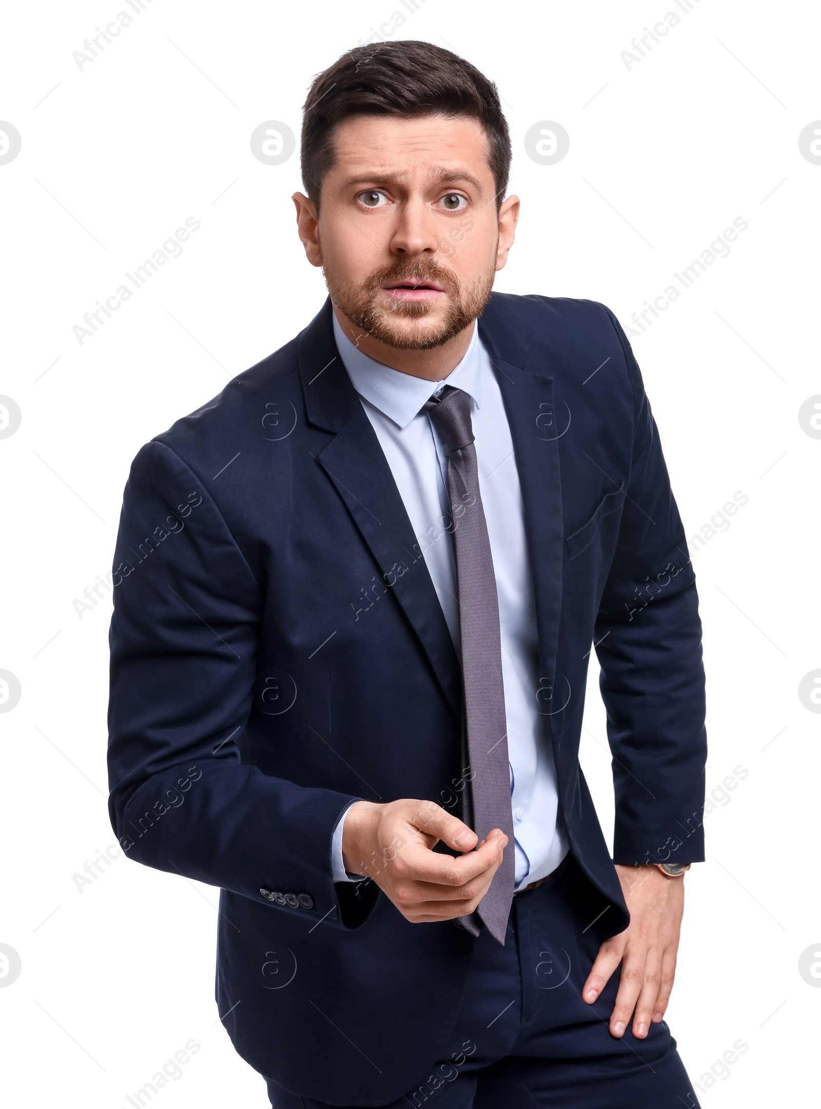 Photo of Handsome bearded businessman in suit on white background