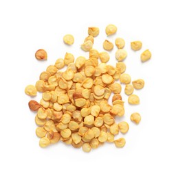 Pile of pepper seeds on white background, top view