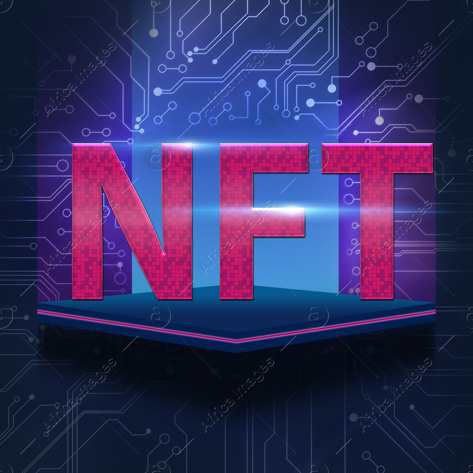 Image of Abbreviation NFT (non-fungible token) on chip and circuit board pattern illustration