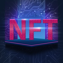 Abbreviation NFT (non-fungible token) on chip and circuit board pattern illustration