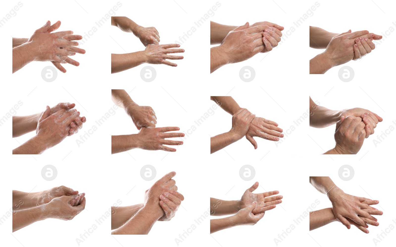 Image of Collage of people washing hands with soap on white background, closeup