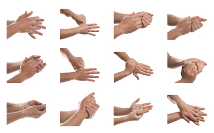 Collage of people washing hands with soap on white background, closeup