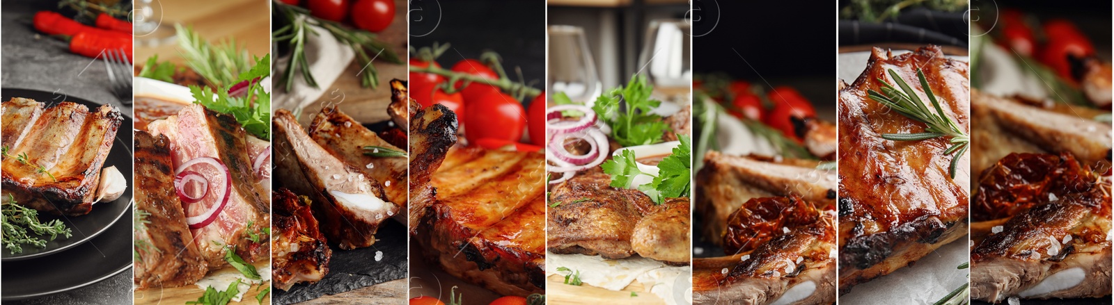 Image of Collage with different photos of delicious grilled meat. Banner design 