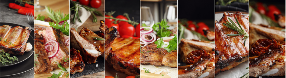 Collage with different photos of delicious grilled meat. Banner design 