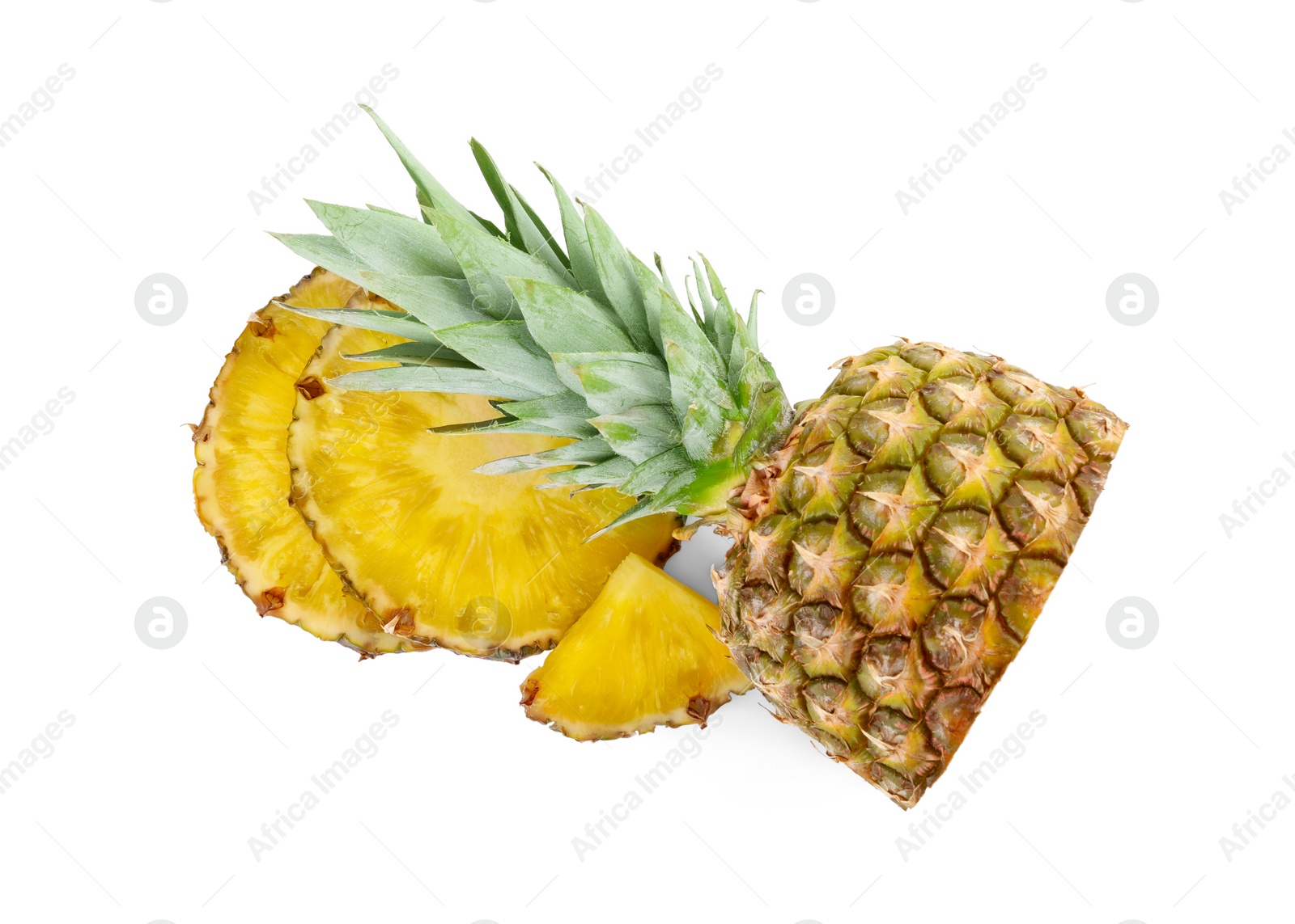 Image of Cut fresh juicy pineapple isolated on white, top view