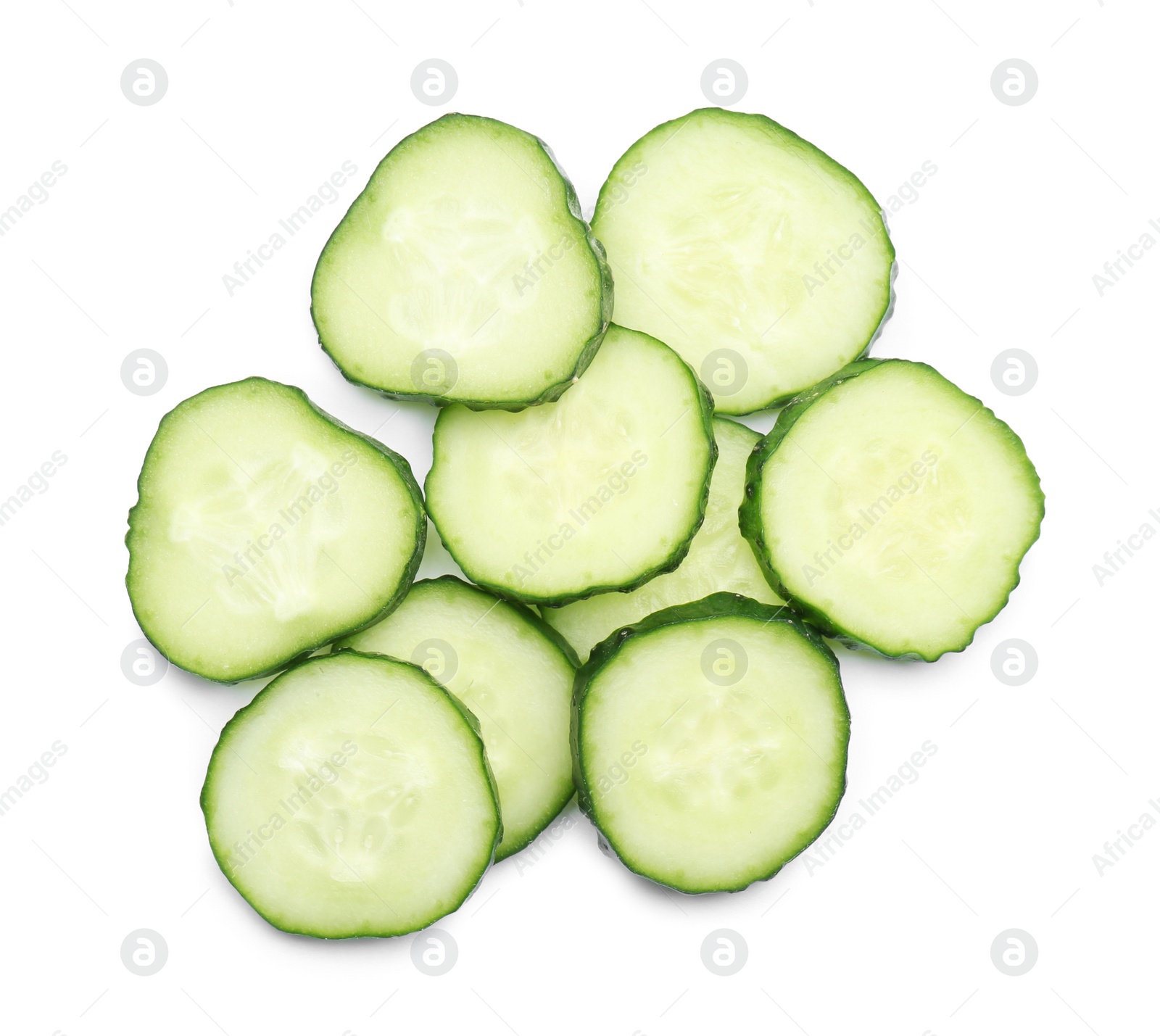 Photo of Slices of fresh ripe cucumber isolated on white, top view