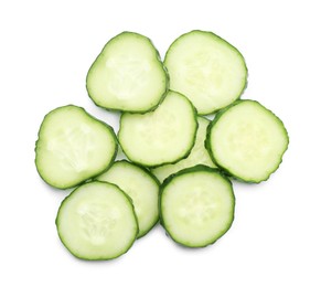 Photo of Slices of fresh ripe cucumber isolated on white, top view