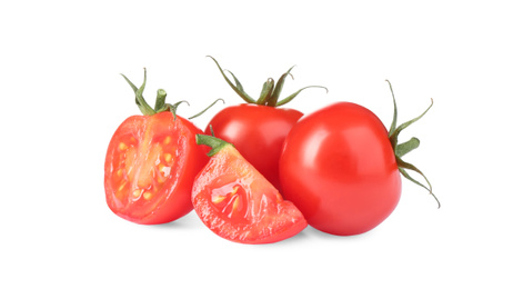 Photo of Tasty fresh raw tomatoes isolated on white