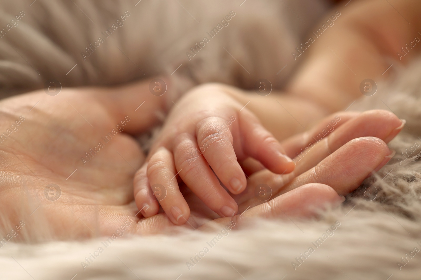 Photo of Mother with her newborn baby on fluffy blanket, closeup. Lovely family