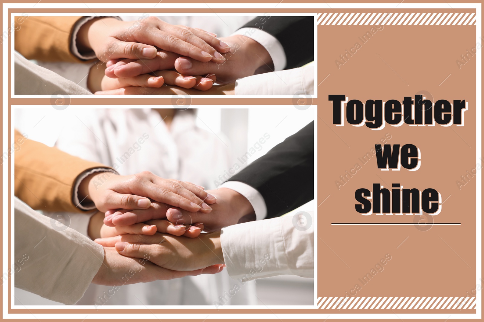 Image of Partnership, union and cooperation. Collage with photo of people joining hands together, closeup