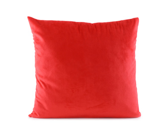 Photo of New soft red pillow isolated on white