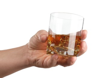 Man holding glass of whiskey with ice cubes on white background, closeup