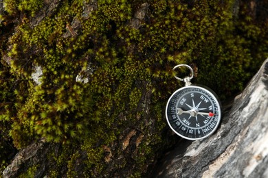 Photo of Compass on tree covered with moss, top view. Space for text