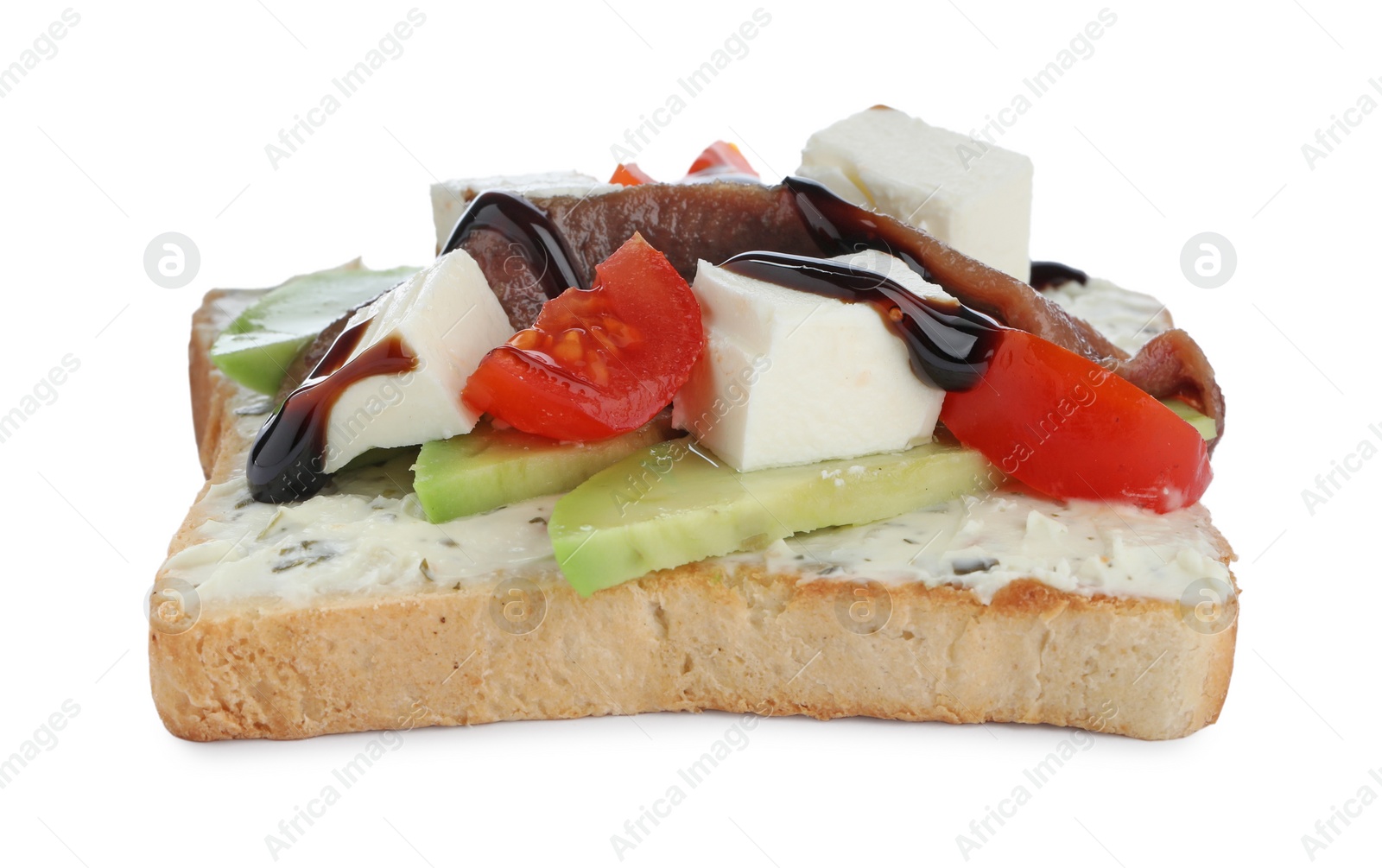 Photo of Delicious sandwich with anchovy, cheese, tomato and sauce on white background