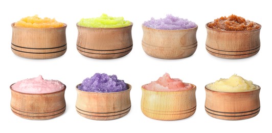 Image of Set with different body scrubs in wooden bowls on white background. Banner design