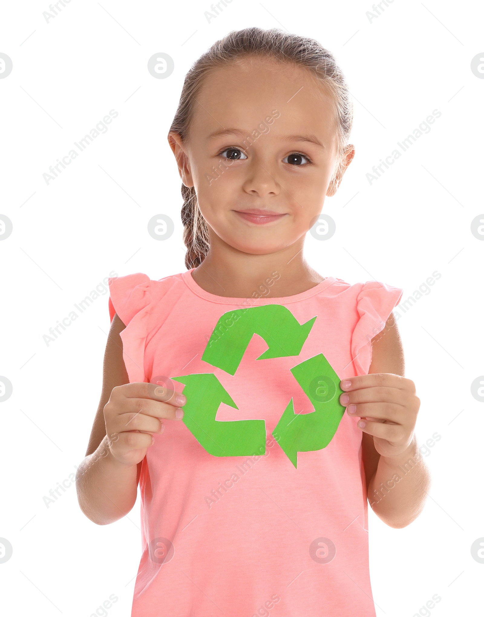 Photo of Little girl with recycling symbol on white background