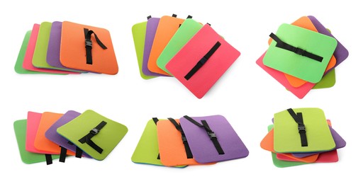 Set with colorful foam tourist seat mats on white background. Banner design