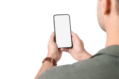 Man holding smartphone with blank screen on white background, closeup. Mockup for design