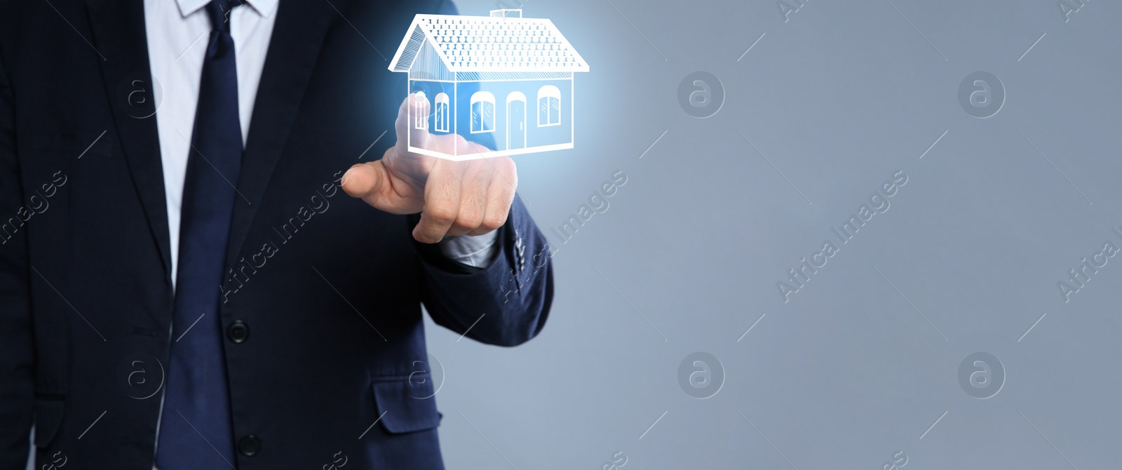 Image of Real estate agent touching house illustration on virtual screen against grey background, closeup with space for text. Banner design 