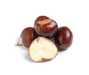 Photo of Fresh sweet edible chestnuts on white background