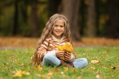 Photo of Happy girl with dry leaves on green grass in autumn park
