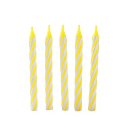 Photo of Yellow striped birthday candles isolated on white