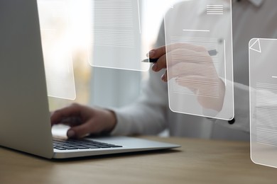 Image of Concept of electronic signature. Woman working on laptop at table indoors, closeup