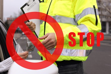 Image of Stop corruption. Illustration of red prohibition sign and woman giving bribe to police officer out of car window