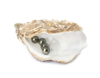 Photo of Open oyster shell with black pearls on white background