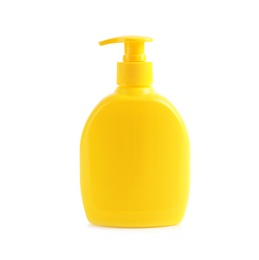 Photo of Bottle with sun protection body cream on white background