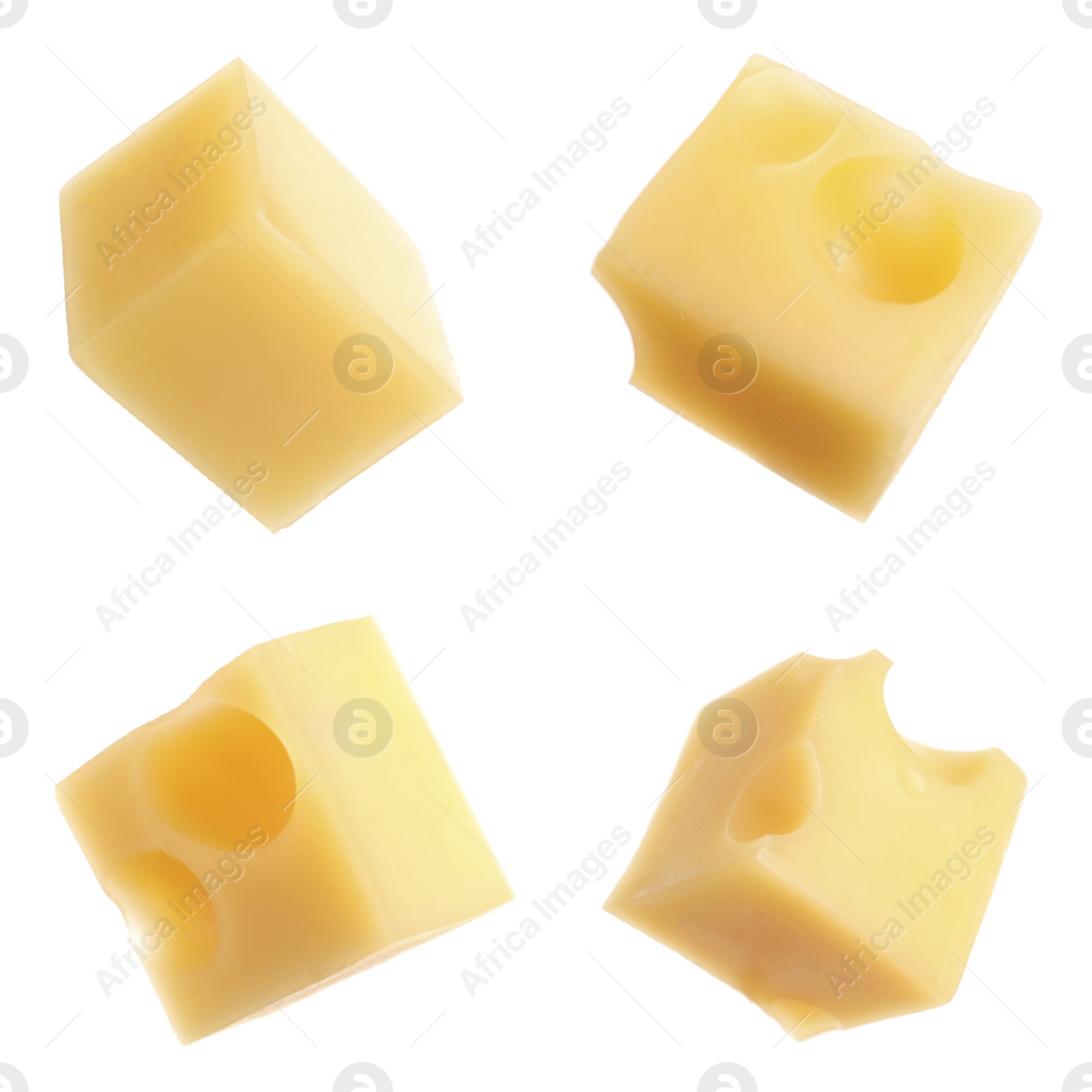 Image of Set of delicious cheese cubes on white background