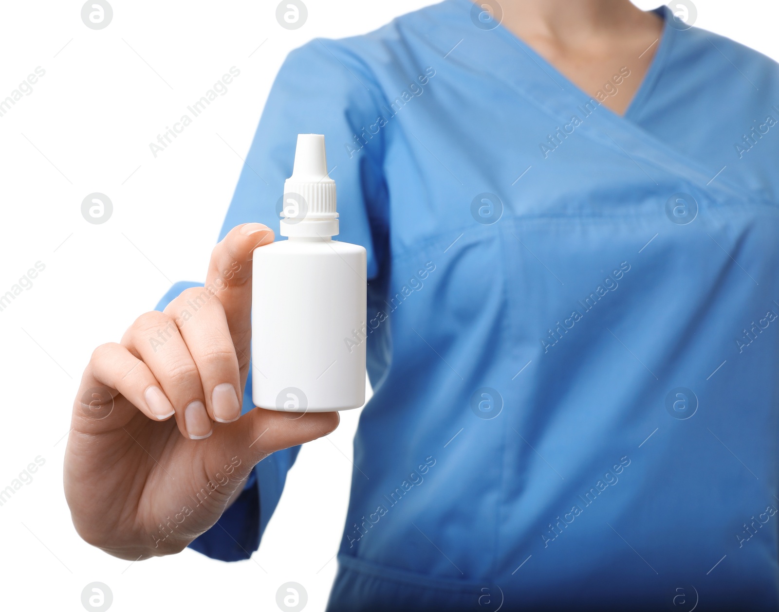 Photo of Female doctor holding plastic bottle with medicament on white background, closeup. Medical object