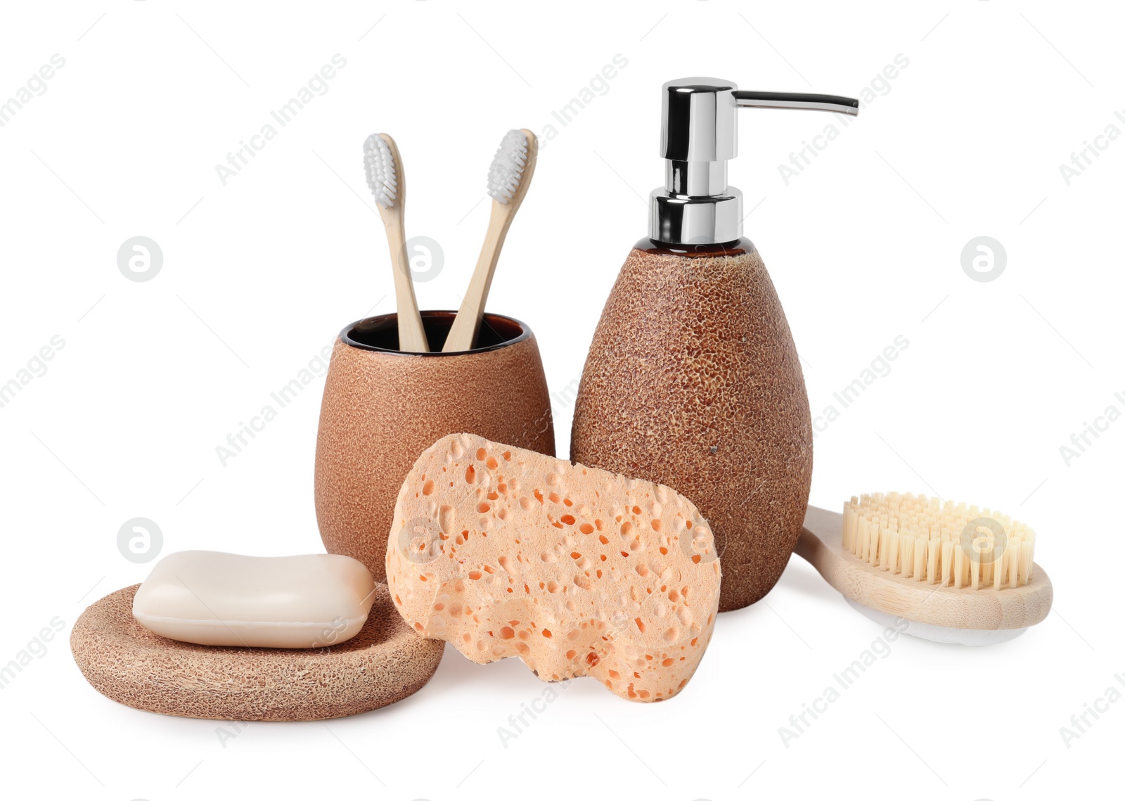 Photo of Bath accessories. Set of different personal care products isolated on white