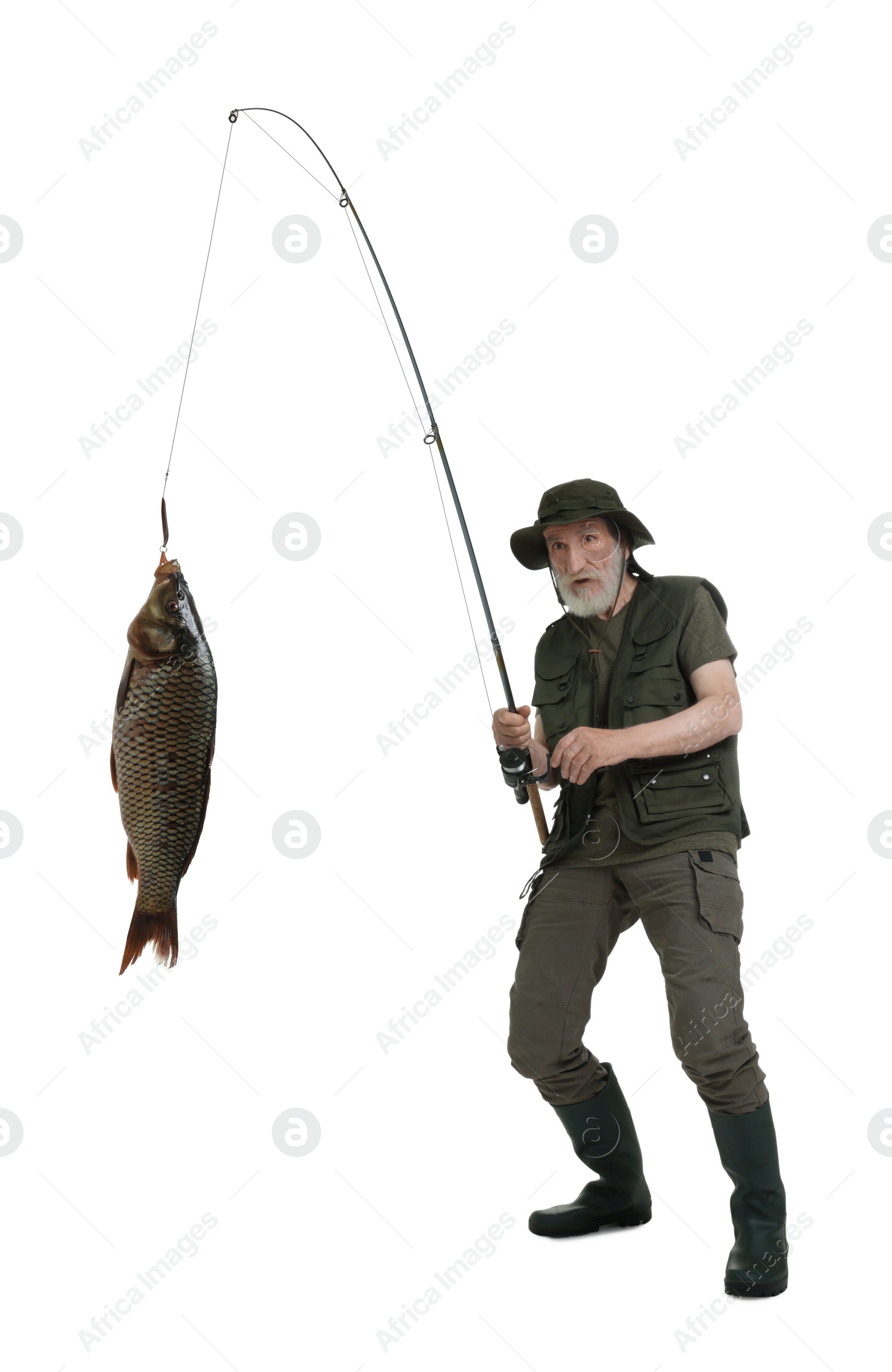 Photo of Fisherman catching fish with rod on white background