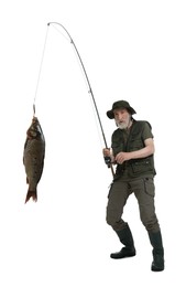 Fisherman catching fish with rod on white background